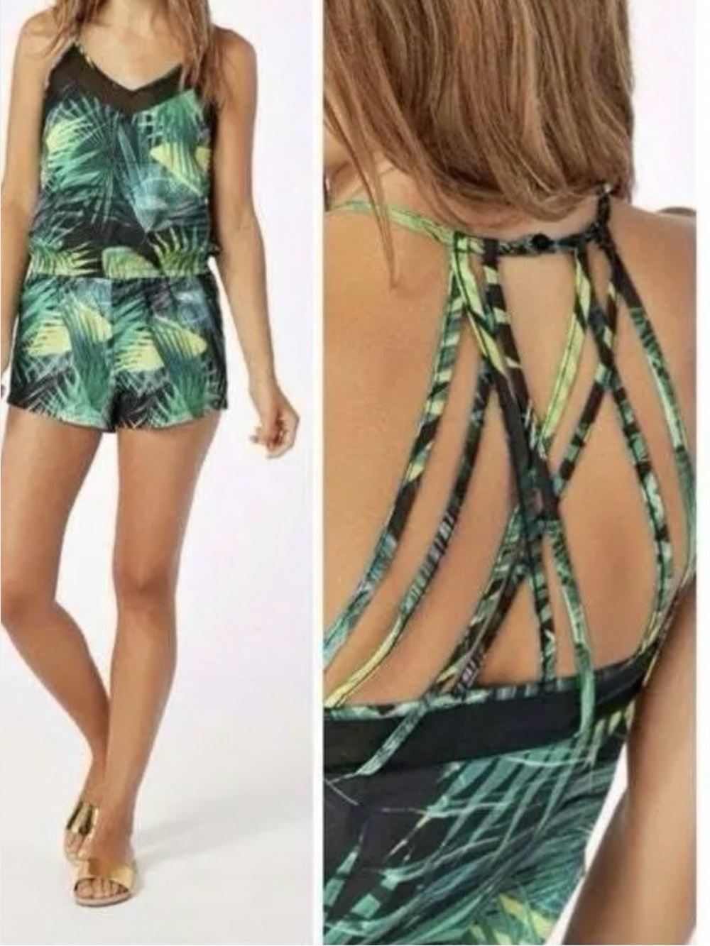 Fabletics Dash Romper M Tropical Rainforest Palm Print
